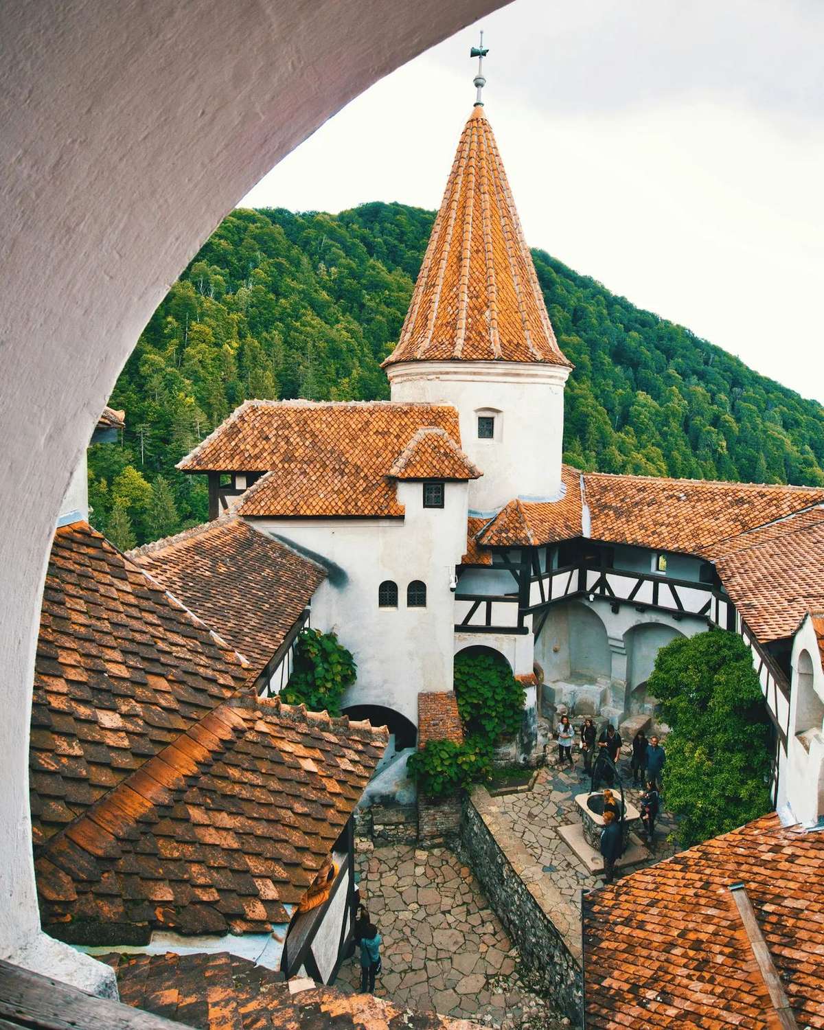 Bran Castle perched on a hilltop, surrounded by forest