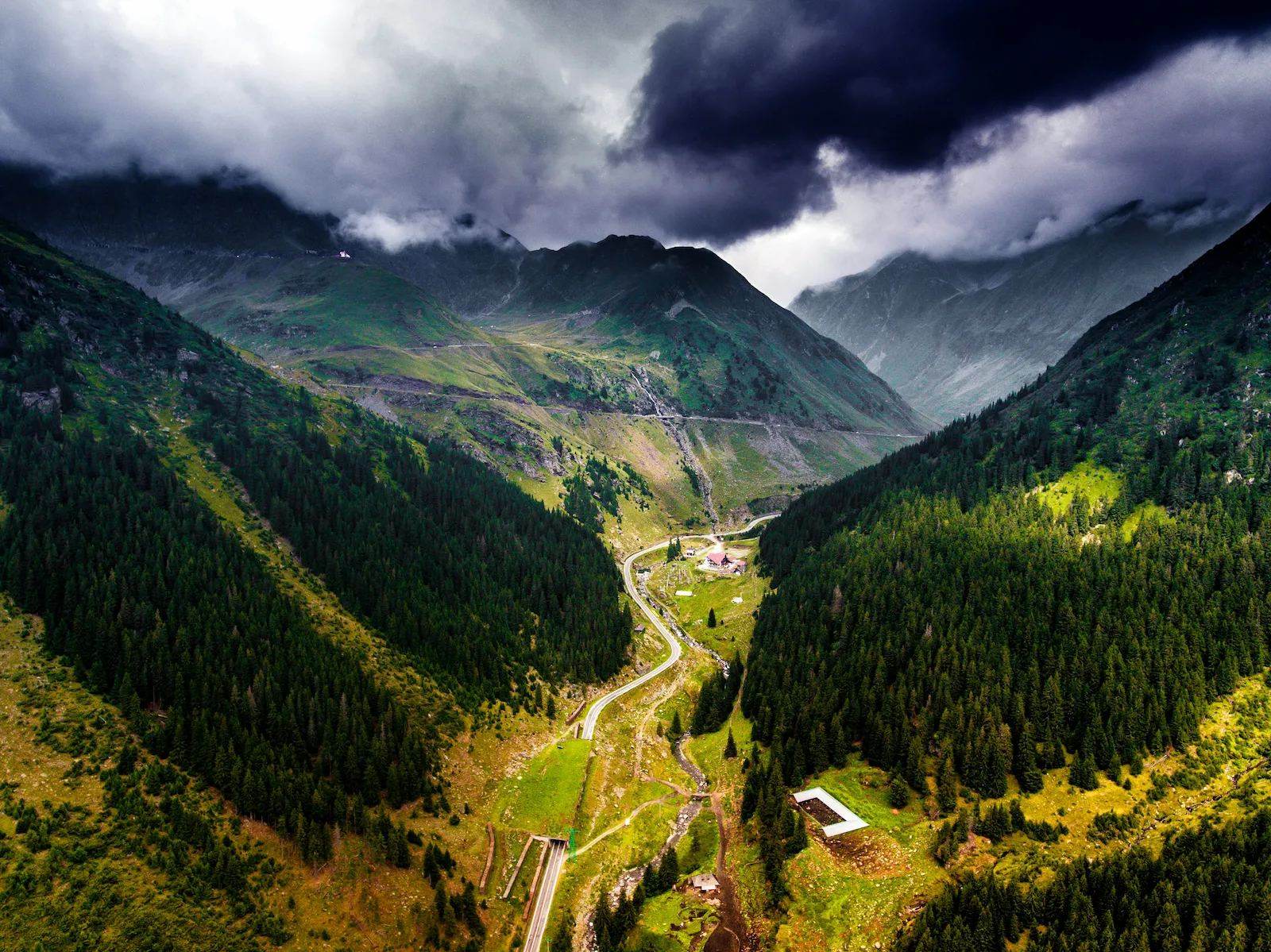 Aerial view of a Carpathian mountain valley